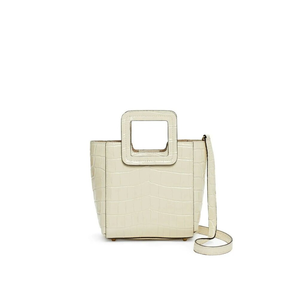 STAUD Cream Croc-Embossed Mini Tote with Square Handle and Strap